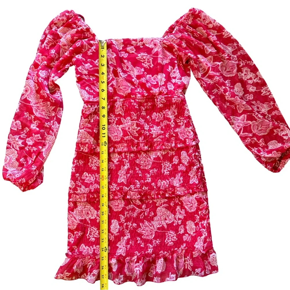 Hot‎ Pink Floral Smocked Mini Dress Puff Sleeve Cottagecore Romantic Size S - Picture 3 of 6